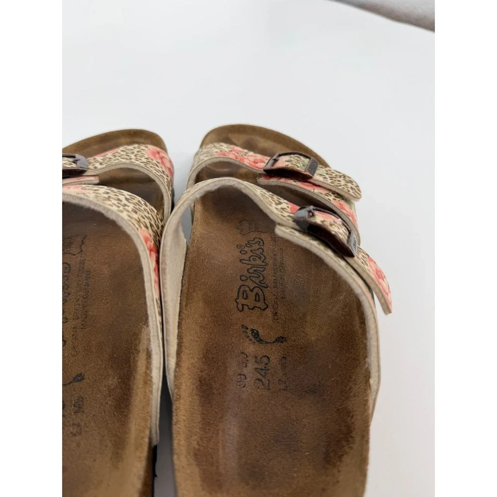 Birkis Birkenstock Floral Leopard Print Slide Sandals Brown Pink Tan 38 L7 M5